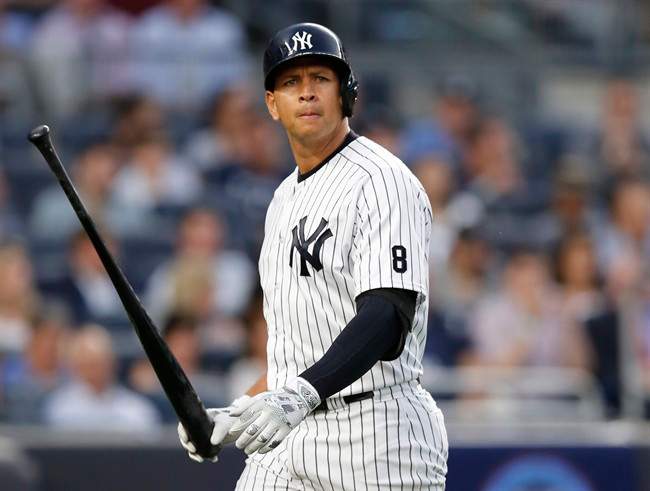 In this June 6, 2016 photo New York Yankees designated hitter Alex Rodriguez (13) reacts after striking out swinging in the fourth inning of a baseball game against the Los Angeles Angels at Yankee Stadium in New York.