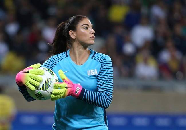 - In this Aug. 3, 2016, file photo, U.S. goalkeeper Hope Solo takes the ball during a women's Olympic football tournament match against New Zealand in Belo Horizonte, Brazil.