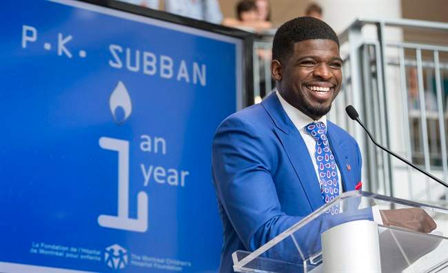 Nashville Predators defenceman P.K. Subban addresses a gathering nearly one year after making a $10-million pledge to the Montreal Children's Hospital Foundation, Wednesday, August 31, 2016 in Montreal.