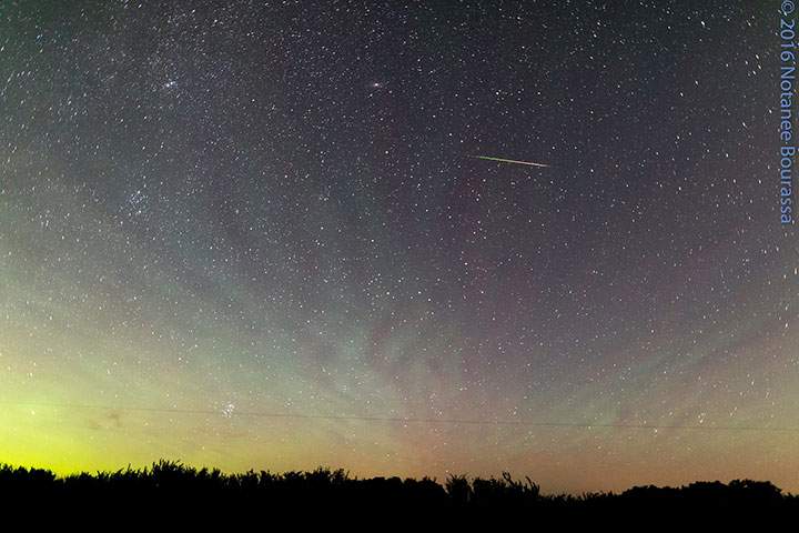 A green and red Perseid streaks across the sky near Regina, Saskatchewan, in the early morning of Aug. 12, 2016.