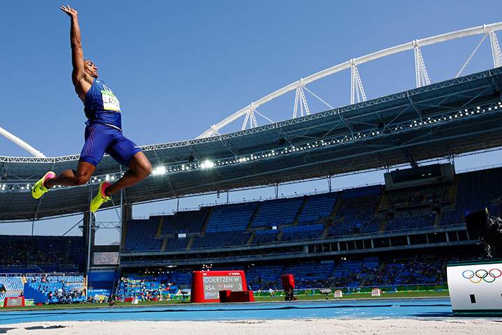Ashton Eaton of the U.S. competes in the men’s decathlon long jump during the athletics event at the Rio 2016 Olympic Games at the Olympic Stadium in Rio de Janeiro on August 17, 2016.