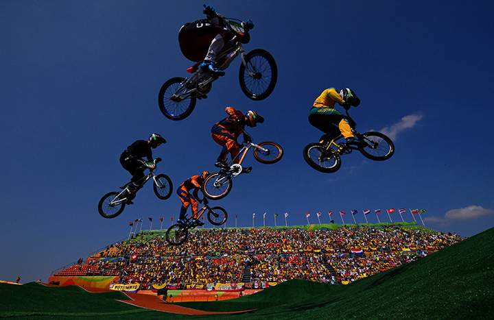 Riders compete in the men’s BMX final event at the Rio 2016 Olympic Games at the X Park Stadium in Rio de Janeiro on August 19, 2016.