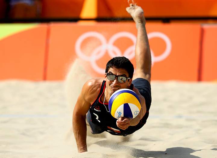 Esteban Grimalt of Chile competes during the men’s preliminary beach volleyball action on August 7, 2016 in Rio de Janeiro, Brazil.