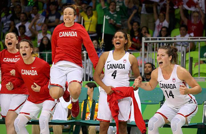 Team Canada celebrates after beating Serbia in women’s preliminary Group B action on August 8, 2016 in Rio de Janeiro, Brazil.