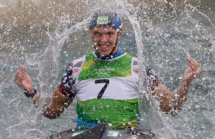 Britain’s Joseph Clarke celebrates winning the gold medal in the kayak K1 men’s final of the canoe slalom at the 2016 Summer Olympics in Rio de Janeiro, Brazil, Wednesday, Aug. 10, 2016.