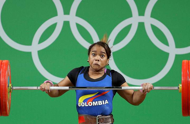 Leidy Solis of Colombia competes during the 69kg final.