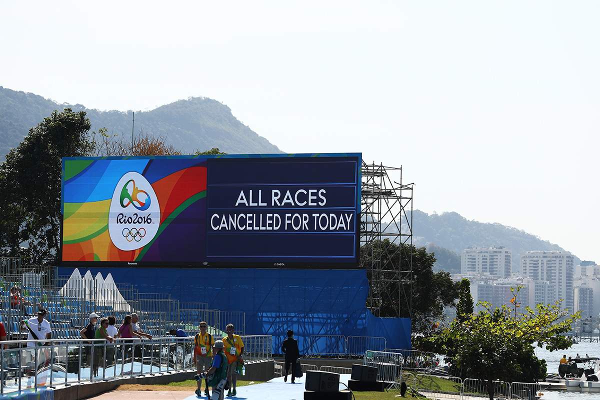 Racing is cancelled for the day at the Lagoa Stadium on Day 2 of the Rio 2016 Olympic Games on August 7, 2016 in Rio de Janeiro, Brazil. 