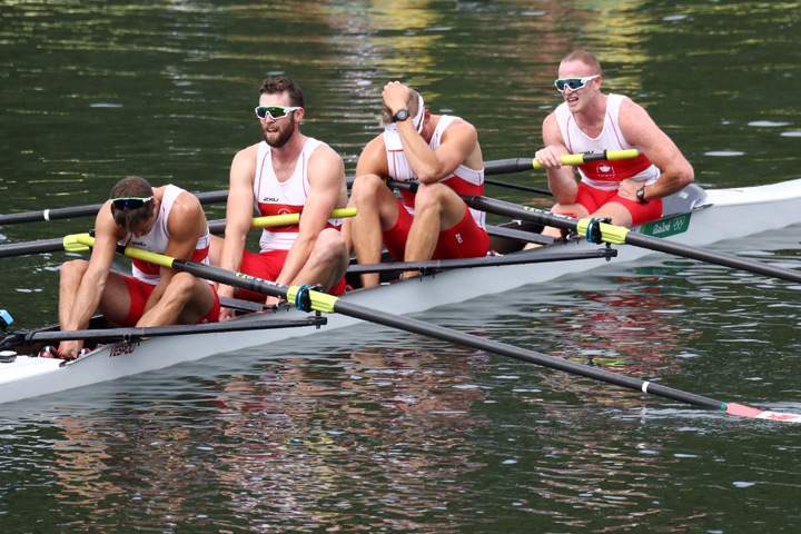 Will Crothers, Tim Schrijver, Conlin McCabe and Kai Langerfeld of Canada react after competing in the Men's Four Final A on Day 7 of the Rio 2016 Olympic Games at Lagoa Stadium on August 12, 2016 in Rio de Janeiro, Brazil.