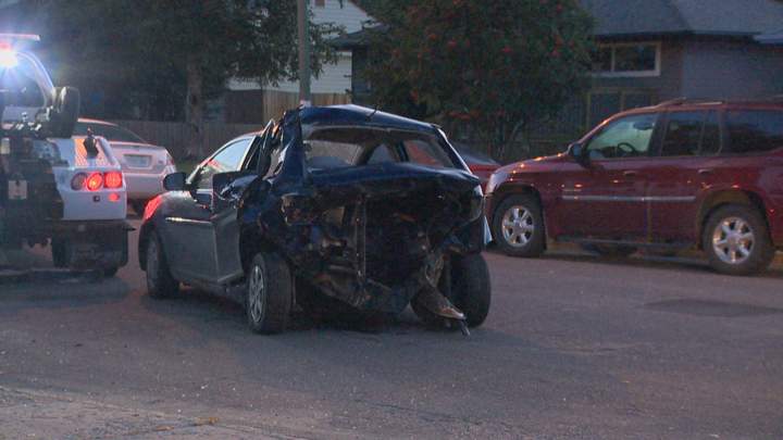 Girl sent to Saskatoon hospital after SUV hits parked car, crashes into house on Dufferin Avenue.
