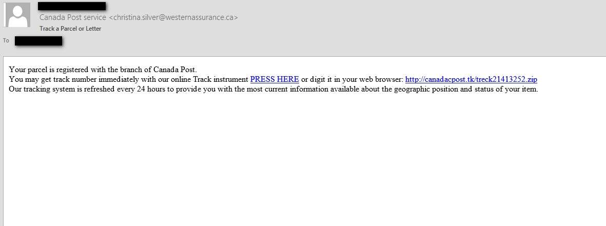 A screen grab of an email that directs the recipient to click on a link to track a package. Canada Post says anyone receiving an email like this should delete it, without clicking through or opening attachments.