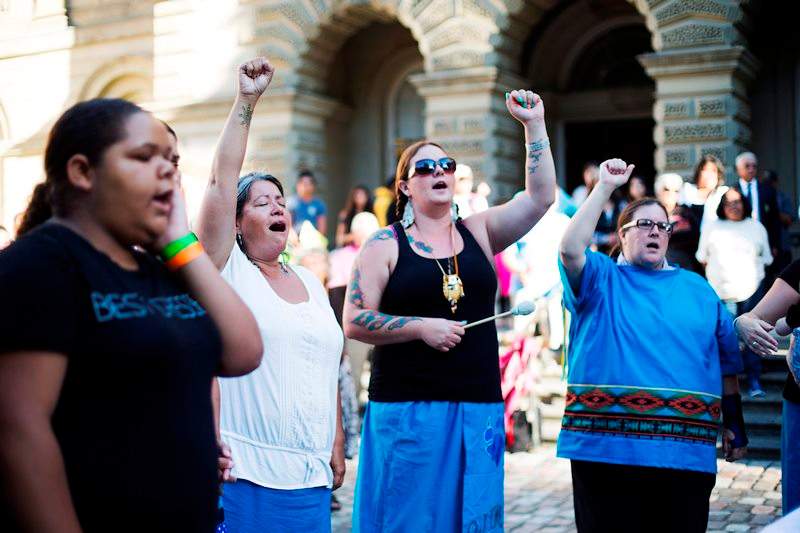 '60s Scoop survivors and supporters gather for a demonstration in Toronto on Tuesday, August 23, 2016. 