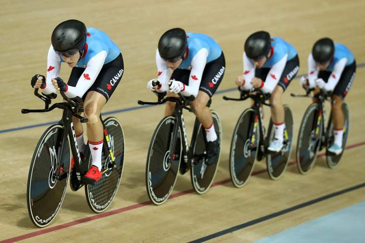 Allison Beveridge, Jasmin Glaesser, Kirsti Lay and Georgia Simmerling of Canada compete in the Women’s Team Pursuit Track Cycling Qualifying on Day 6 of the 2016 Rio Olympics at Rio Olympic Velodrome on August 11, 2016 in Rio de Janeiro, Brazil.