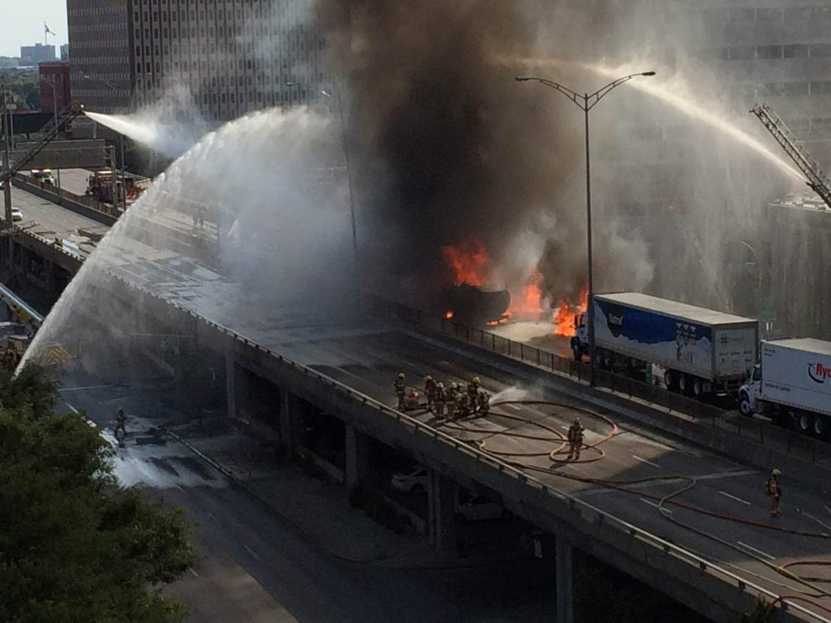 A truck catches fire following an accident on Highway 40, Tuesday, August 9, 2016.