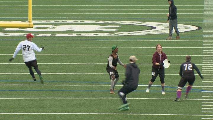 Local ultimate players demonstrate the sport at an event announcing Saskatoon as host of the 2017 Canadian Ultimate Championships Mixed division.