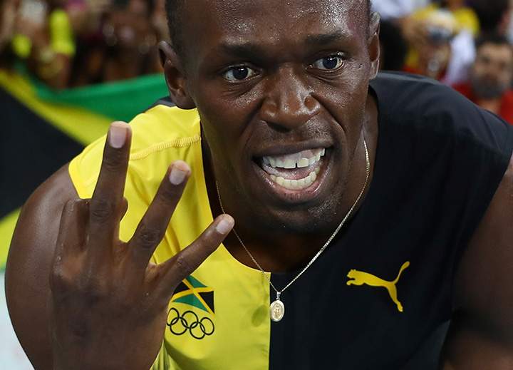 Jamaica‘s Usain Bolt celebrates winning the Jamaican team’s 4×100-metre relay gold medal at the Rio Olympics on August 19, 2016.