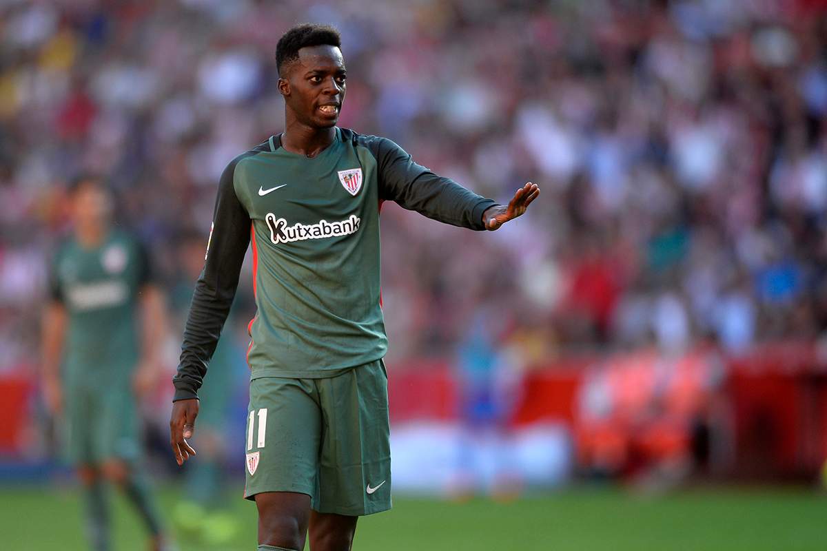 Athletic Bilbao's forward Inaki Williams gestures during the Spanish league football match Real Sporting de Gijon vs Athletic Club Bilbao at El Molinon stadium in Gijon on August 21, 2016. 