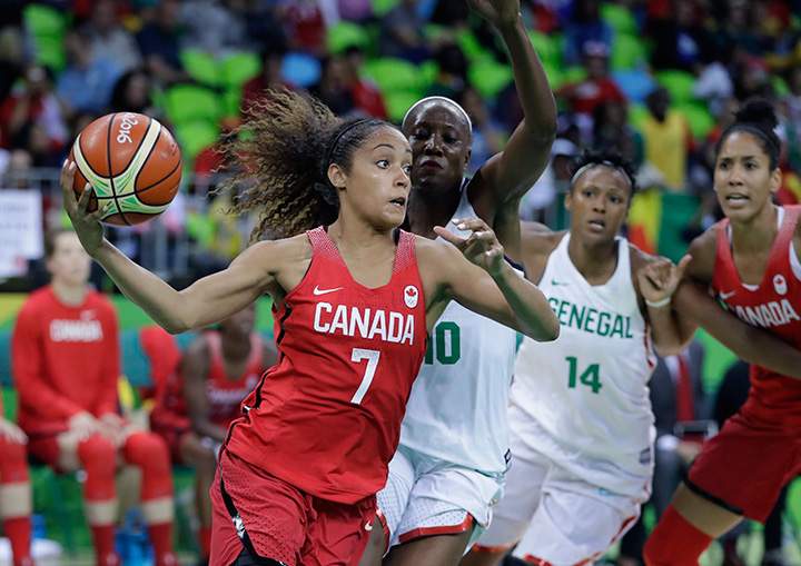 Canada forward Nayo Raincock-Ekunwe passes as Senegal forward Astou Traore closes in during the second half of a women’s basketball game at the Youth Center at the 2016 Summer Olympics in Rio de Janeiro, Brazil, Wednesday, Aug. 10, 2016.
