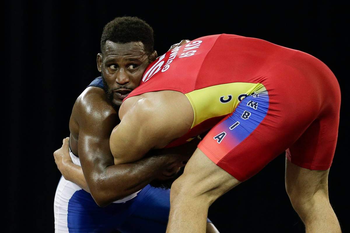 Canada’s Haislan Garcia, right, and Colombia’s Hernan Guzman wrestle during their bronze medal freestyle 65 kg wrestling match in the Pan Am Games in Mississauga, Ontario, Friday, July 17, 2015.