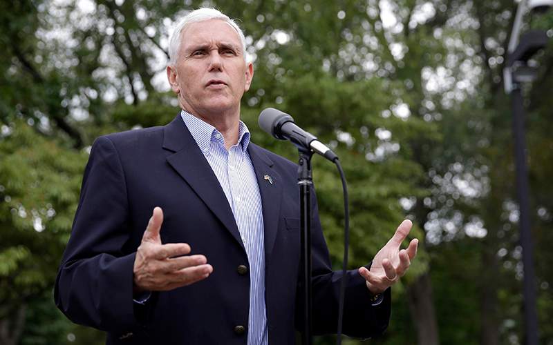 Republican vice presidential candidate, Indiana Gov. Mike Pence comments after receiving a national security briefing in Indianapolis, Friday, Sept. 9, 2016. 