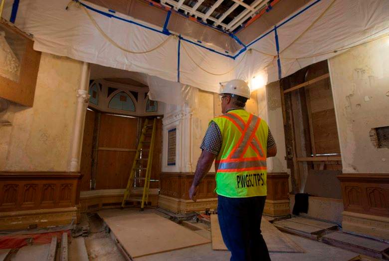 Senior director of the renovation program Rocque Gameiro steps into former prime minister Alexander Mackenzie’s office in West Block, which will become Prime Minister Justin Trudeau’s office in 2018. The country’s second PM installed a secret staircase (located behind Gameiro) to help him escape people in the hallways outside. It still exists today, as does a small circular bathroom off the main office.