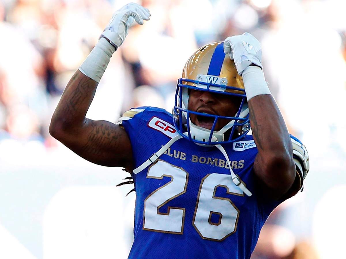 Winnipeg Blue Bombers' Tony Burnett celebrates a tackle against the Toronto Argonauts at Investors Group Field on Saturday.