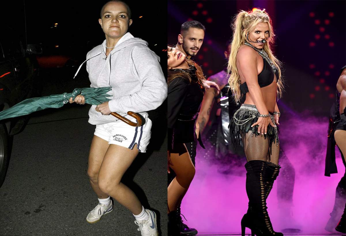 (L-R): Britney Spears attacked photographer’s car with an umbrella in 2007. Britney Spears performs onstage at 2016 iHeartRadio Music Festival.