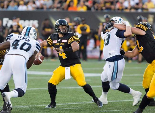 Ticats QB Zach Collaros (4) host the Argos in their CFL preseason finale Friday night.