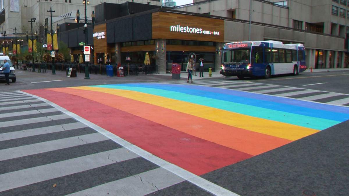 This file photo from 2016 shows a rainbow crosswalk painted in the intersection of 8 Avenue and Centre Street, near the Calgary Tower.