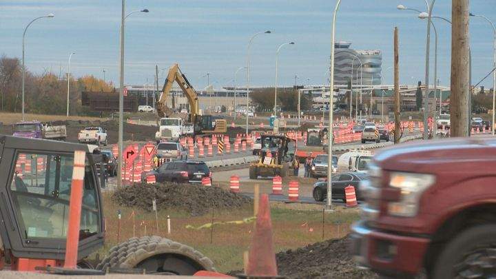 Crews have working on road upgrades to improve traffic flow at the Edmonton International Airport. Sept. 27, 2016.