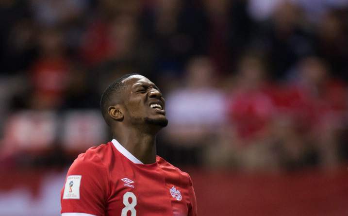 Canada's Doneil Henry reacts after putting a shot wide of the El Salvador goal during second half FIFA World Cup qualifying soccer action in Vancouver, B.C., on Tuesday September 6, 2016.