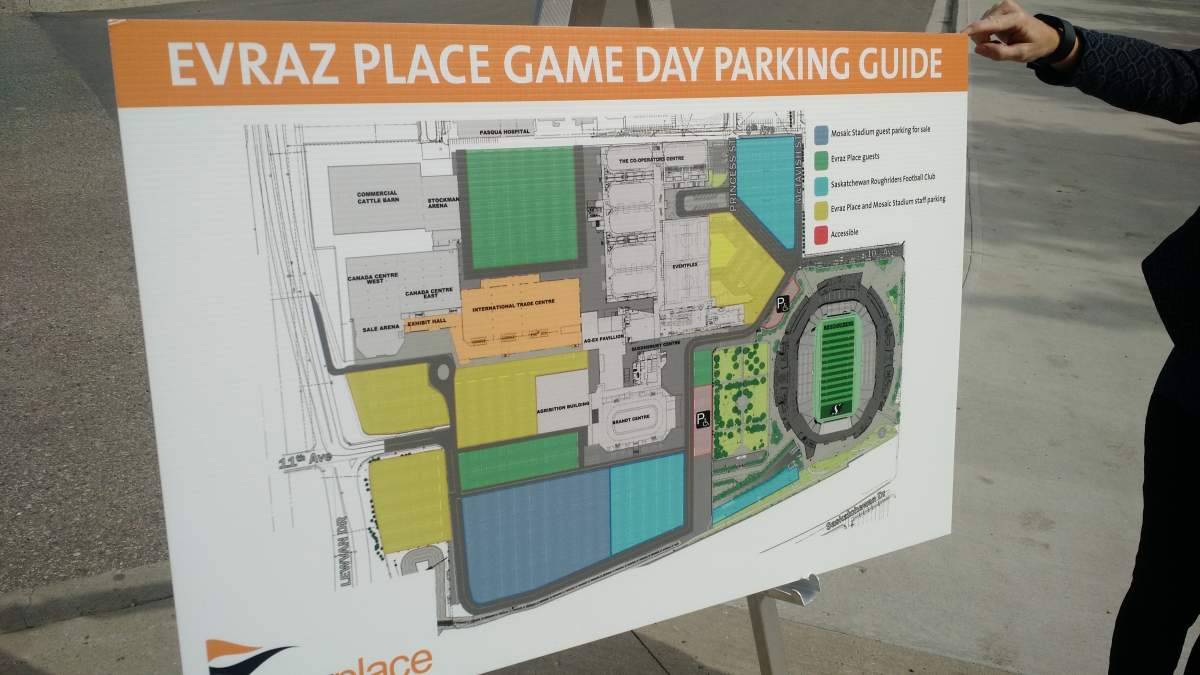 The tentative parking plans for Evraz Place on Rider game days.