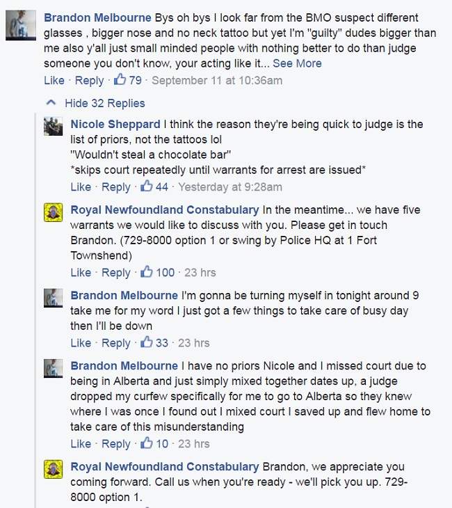 A screengrab shows part of the interaction between the Royal Newfoundland Constabulary and a fugitive on Facebook.
