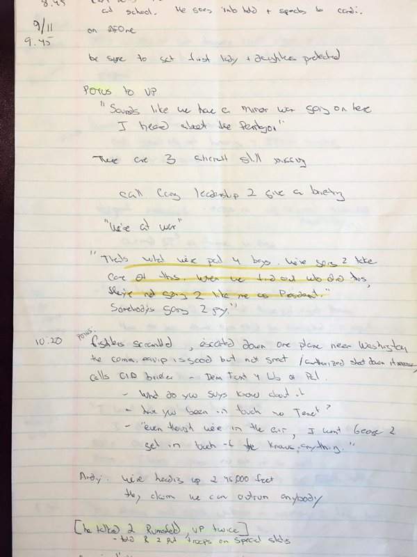 Ari Fleischer’s 9/11 notes shown during an interview with Reuters in his office in Bedford, New York, U.S. September 7, 2016. Picture taken September 7, 2016. REUTERS/Hussein Waaile