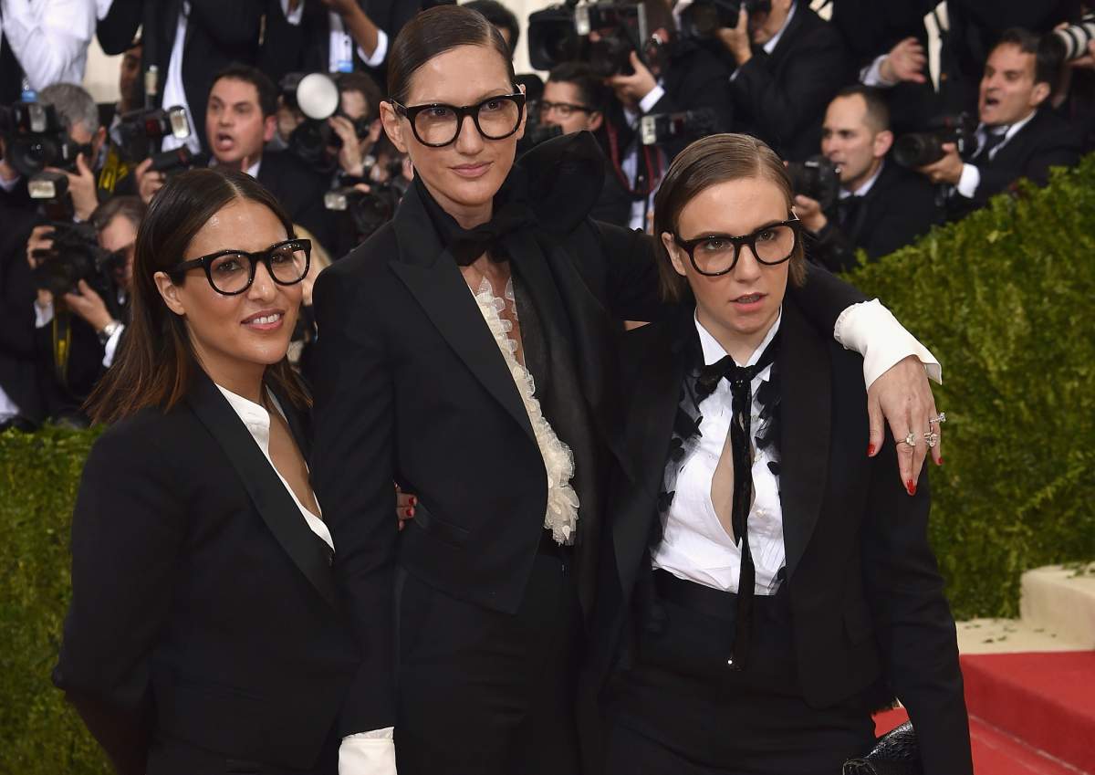 Jennifer Konner, Jenna Lyons, and Lena Dunham attend the "Manus x Machina: Fashion In An Age Of Technology" Costume Institute Gala at Metropolitan Museum of Art on May 2, 2016 in New York City.  