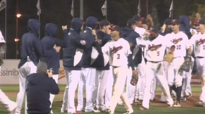 The Winnipeg Goldeyes celebrate a game one victory over the Wichita Wingnuts in the American Association championship series.