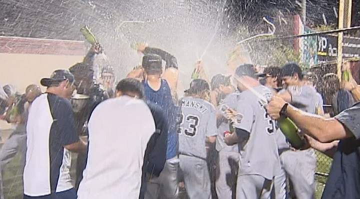 The Winnipeg Goldeyes celebrate after winning the 2016 American Association championship.