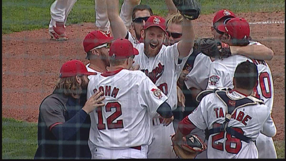 The Winnipeg Goldeyes celebrate after clinching the wild card spot.