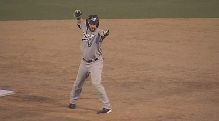 Winnipeg Goldeyes outfielder Adam Heisler celebrates an RBI double in game five of the American Association championship series on Monday.