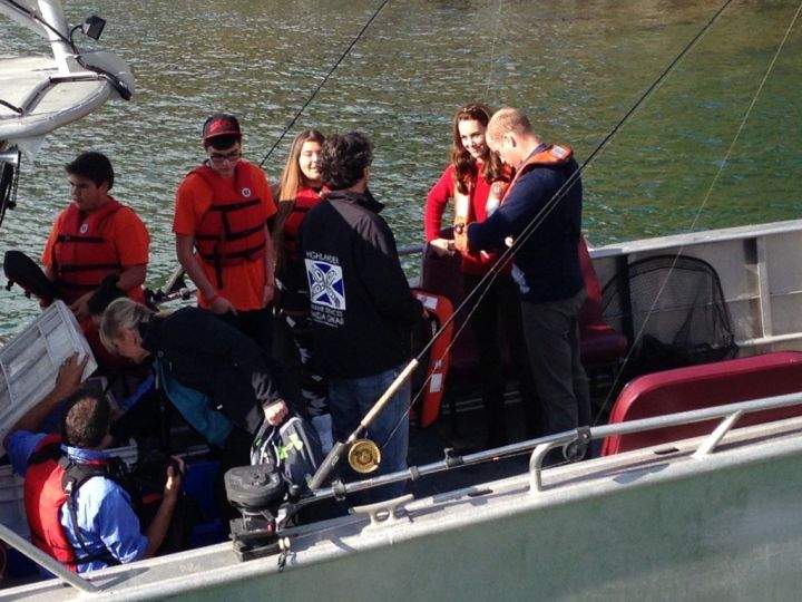 The Duke and Duchess of Cambridge putting life jackets on for a fishing trip from Haida Gwaii on Day 7 of the Royal Visit to Canada, Sept. 30, 2016.