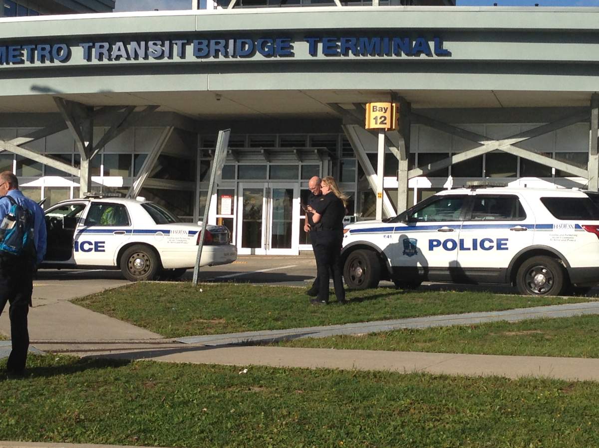 Halifax Regional Police on the scene of a bomb threat at the Dartmouth Sportsplex/Halifax Transit terminal in 2016.