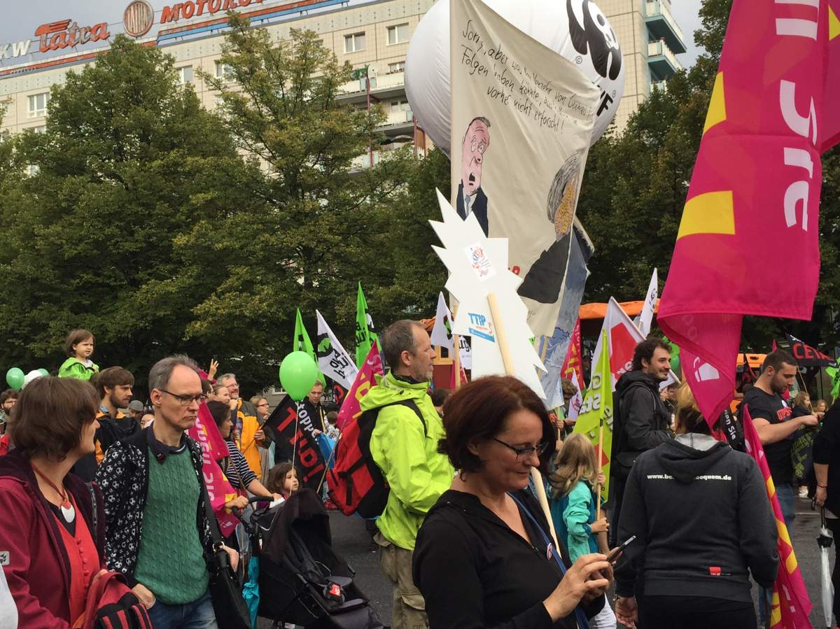 Demonstrators take to the streets in Berlin to protest the CETA and TTIP free trade deals.