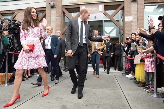 The Duke and Duchess of Cambridge greet well-wishers after a tour of Sheway, a centre that provides support for native women, in Vancouver, B.C., Sunday, Sept. 25, 2016.