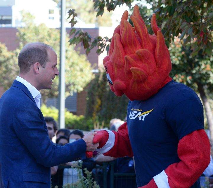 Prince William meets Scorch, the UBC Okanagan’s flame-costumed mascot.