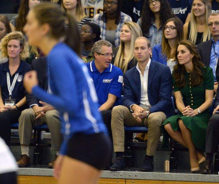 Prince William and Catherine Duchess of Cambridge watch a volleyball game at the University of British Columbia Okanagan in Kelowna on Sept. 27, 2016.