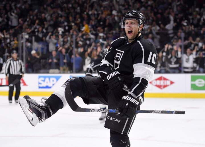 Los Angeles Kings right wing Kris Versteeg celebrates his goal during the second period of Game 5 in an NHL hockey Stanley Cup playoffs first-round series against the San Jose Sharks, Friday, April 22, 2016, in Los Angeles. 
