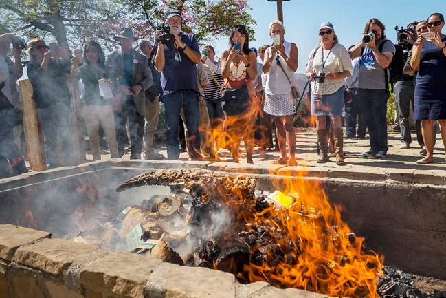 Officials burned the items with an estimated black market value of $1 million in a symbolic gesture to show the United States is committed to ending illegal wildlife trafficking. The U.S. Fish and Wildlife Service partnered with the zoo and California Department of Fish and Wildlife to hold the massive bonfire of items.