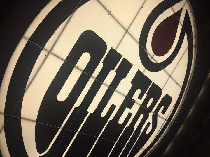 An Edmonton Oilers' logo looms large in the team's new dressing room. Sept. 14, 2016.