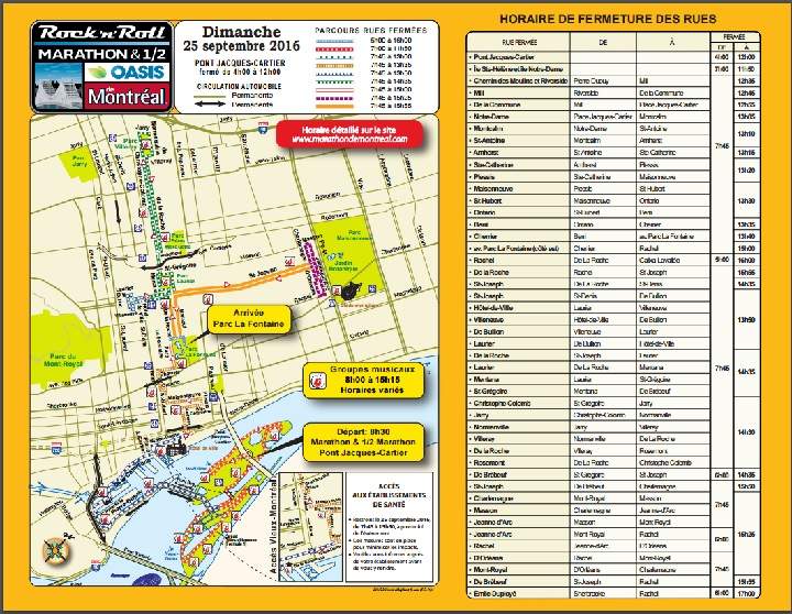 Montreal Marathon road closures for Sunday, Sept. 25, 2016. Courtesy of Rock’n’Roll Marathon