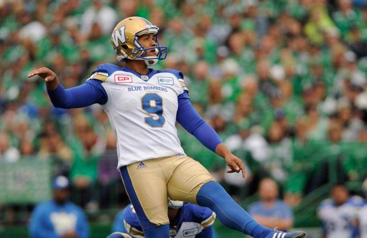 Winnipeg Blue Bombers kicker Justin Medlock kicks a field goal during first half CFL action against the Saskatchewan Roughriders in Regina on Sunday, September 4, 2016.