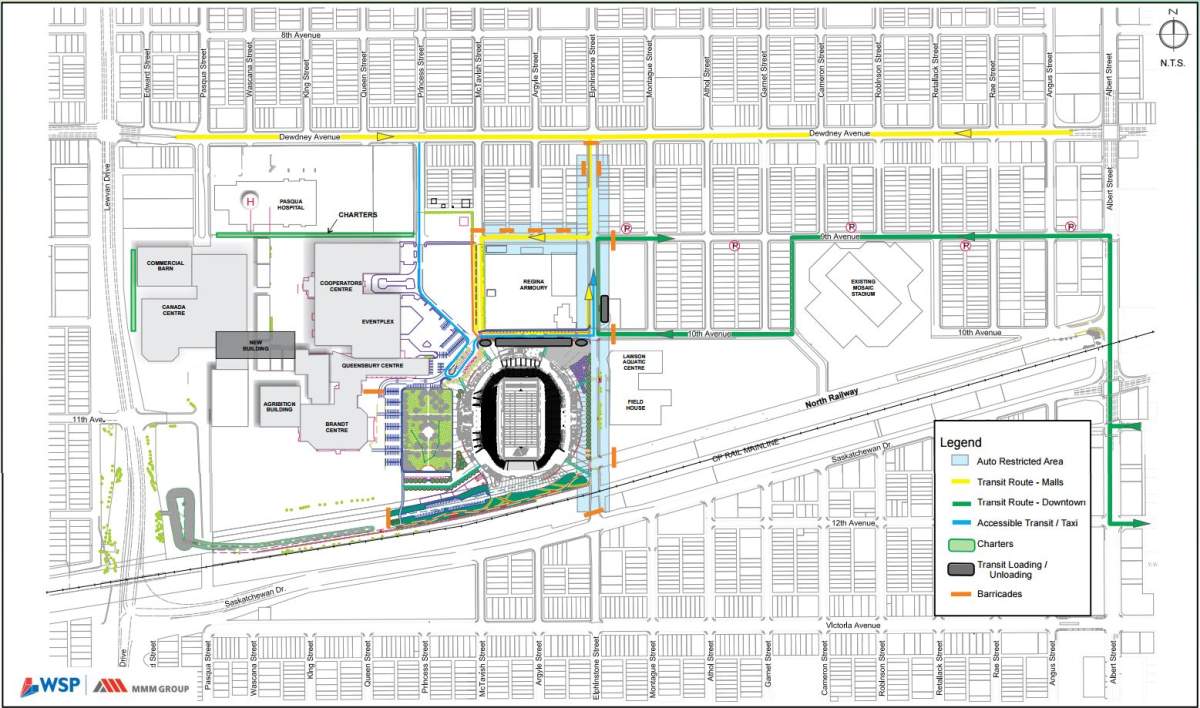 The bus routes going to the new Mosaic Stadium. Elphinstone Street will also be closed to traffic on game days from Dewdney Avenue to Saskatchewan Drive.